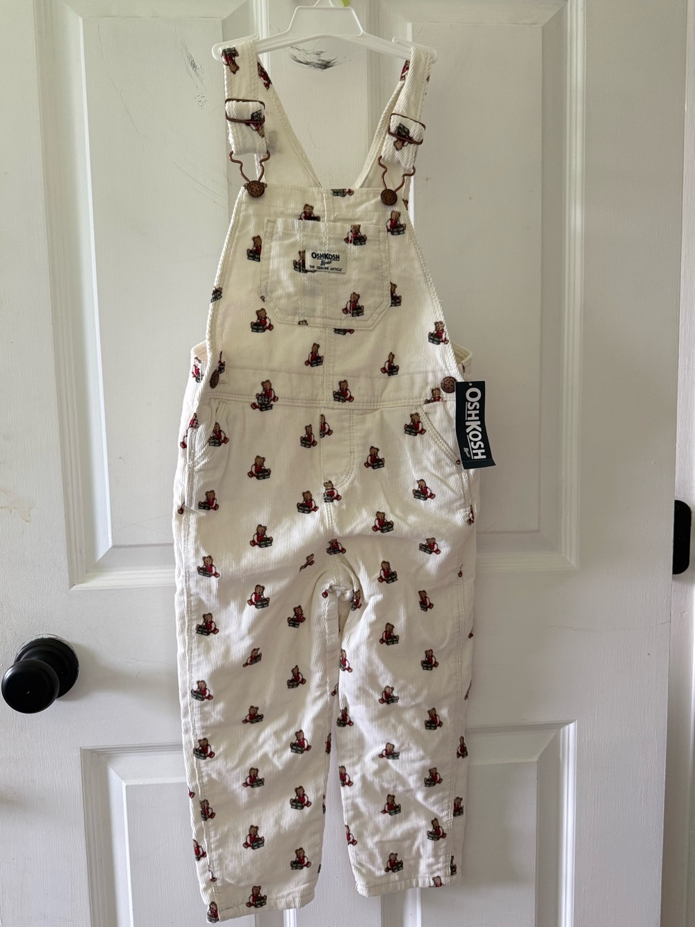 OshKosh B'gosh Cream Overalls with Red Teddy Bear